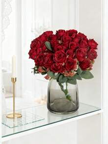 1/80 pièces Bouquet de roses en soie avec fruits en mousse artificielle, convient pour la décoration d'automne, le bouquet de mariée de la Saint-Valentin, le vase de mariage, la maison, le restaurant, la décoration de chambre, les fêtes, les anniversaires, la décoration de jardin extérieur - Rouge - Voir 5