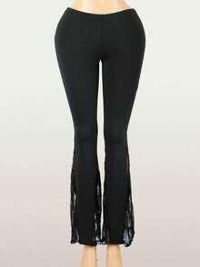 بنطلون نسائي صيفي بقصة ضيقة وتفاصيل من الدانتيل، بخصر متوسط، بنطلون طويل كاجوال للنساء