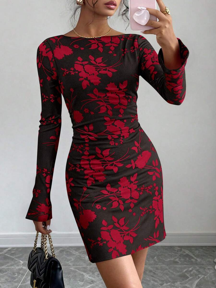 PRETTYGARDEN Women's Spring And Fall Fashion Floral Long Sleeve Mini Dress Mesh Bodycon Short Party Date Night Going Out Dresses Dhristmas New Years Valentine Vacation Dresses For Women - 黑底紅花 - 查看 1