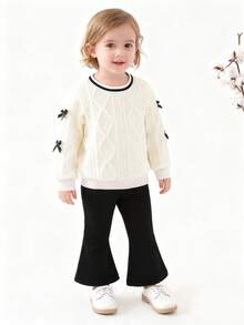 2pcs Baby Girls Casual Fashion Cute Bow Decor Long Sleeve Striped Splice Top And Flare Pants Set, Baby Girl Clothes, Autumn/Winter