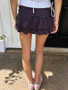 Women Layered Ruffle Mini Skirt Y2k Polka Dot Print A Line Tiered Short Skirt Streetwear For Teen Girl - 玫紅色 - 查看 2