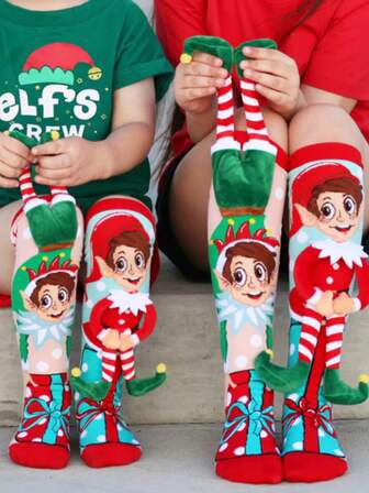 1双3D卡通圣诞主题长袜，时尚圣诞礼物袜，男童款，秋冬季