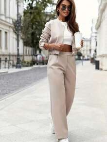 Conjunto de 2 piezas de chaqueta con botones y cuello y pantalones largos de unicolor elegante y casual para mujer, adecuado para la oficina, el transporte y el uso diario, conjunto de manga larga para primavera - Albaricoque - Ver 5