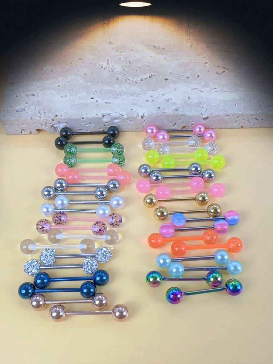 40pcs Piercing Jewelry Set, 316 Surgical Steel Titanium Hypoallergenic Tongue Rings, Sparkling Rhinestone Tongue & Nipple Rings, Suitable For Men & Women, Daily & Holiday Wear, Gift