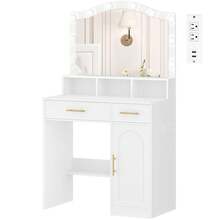 Hzuaneri Hairdresser, Grand Miroir HD, Lumières LED Réglables En 3 Colors, With Station De Recharge 2 Prizes Outlet Et 2 Ports USB, 2 Tiroirs Et 1 Meuble De Rangement, Blanc-Doré - 白色 - 查看 7