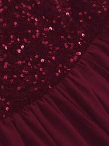 HOMEYEE 女士亮片网纱拼接性感开衩休闲度假优雅晚礼服，长款紧身派对礼服，适合春季婚礼穿着 - 酒紅色 - 查看 5