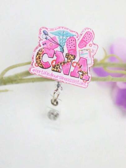 1PC Pink CNA Glitter Acrylic Retractable Badge Reel With Clip ID Badge Holder Badge Reel Gift For RN LPN CNA Nurse Doctor Assistant Medical Staff Valentines