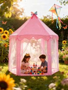 1 szt. Duży namiot z bajkowym zamkiem księżniczki, dziewczęcy, duży, sześciokątny teatrzyk, różowy motyw/trwały, idealny prezent urodzinowy lub świąteczny, domek do zabawy wewnątrz/na zewnątrz, zamek ogrodowy, składany, przenośny namiot, namiot kempingowy, odpowiedni dla dzieci od 1 roku życia, sześciokątny domek do zabawy dla niemowląt, dekoracja świąteczna, prezent na Halloween i Wielkanoc