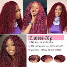 ownvmor 99j Burgundy Lace Front Wigs Human Hair 20 Inch Deep Wave Lace Front Wigs Human Hair Pre Plucked Red Curly Human Hair Wig 5x5 HD Colored Frontal Wet And Wavy Loose Deep Wave - 酒紅色 - 查看 7