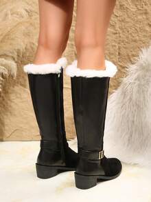 欧洲车站真皮秋冬新款骑士靴、复古高筒靴、美拉德平底过膝直筒靴、毛绒靴 - 黑色 - 查看 7