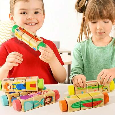 Wooden Rotating Blocks STEM Toy Set For Toddlers And Preschoolers - Interactive Spin Toy With Colorful Animal, Fruit, And Character Designs, Develop Fine Motor Skills, Hand-Eye Coordination, Cognitive Thinking, Creativity, And Imagination, Perfect Birthday, Christmas, Easter, Or Holiday Gift For Kids Ages 1-4