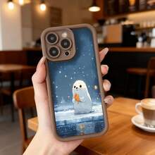 Cubierta de teléfono con borde negro azul con diseño de foca bebé sosteniendo hoja de otoño bajo lluvia estrellas y reflejos en agua para uso diario en cafeterías y espacios interiores Aplicable a los teléfonos de la serie Apple y Galaxy - Café integral - Ver 2