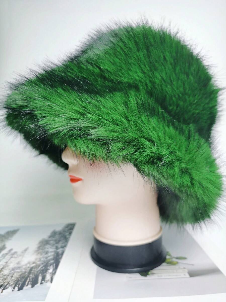 1pc Faux Fox Fur Bucket Hat, Faux Mink Fur Thick & Fashionable High-End Gift Cap Winter Gear - Green Fur - View 1