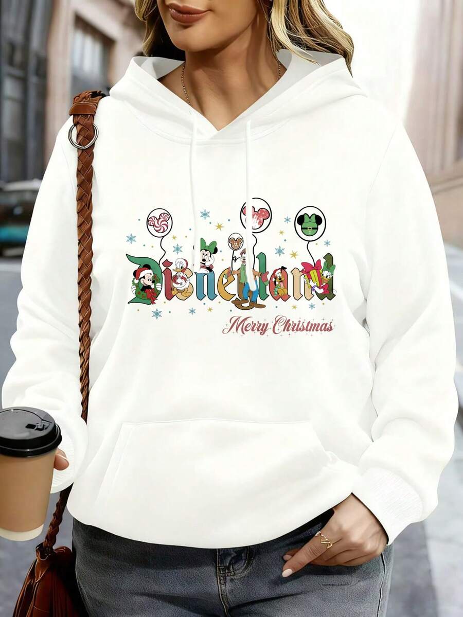 Disney Hoodie White Disneyland Christmas Characters Balloons Merry Christmas Print Casual Wear For Women Winter Holiday Outfit - 白色 - 查看 1