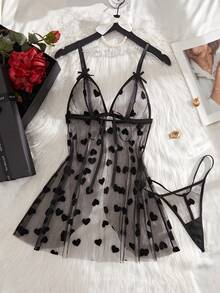 2pcs Women's Sexy Floral Mesh Robe Set, Front Tie Bow Decor Lingerie Set - Black - View 4