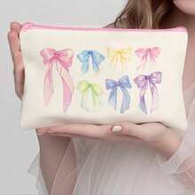 1/5/10/20pcs Cute Bow Pattern Canvas Zipper Bags Set, Y2K Style Bow Decor Jewelry Organizer Bags, Travel Cosmetic Bag, Pencil Case, Party Gift Bag Set, Toiletry Bag, Multipurpose Organizer Pouch Autumn University Essentials Travel Essentials For Holiday Vacation Travel Bag For Women Makeup Bag Makeup Organizer Make Up Bag - Beige - View 6