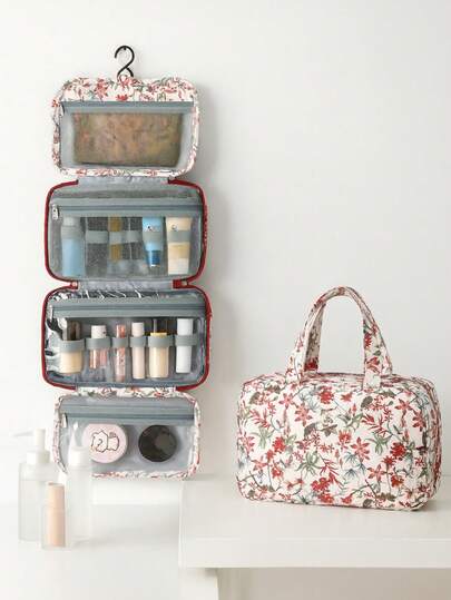 One Floral Pattern Hanging Toiletry Bag With Hooks, Large Capacity Travel Cosmetic Organizer, Waterproof Multi-Compartment Cosmetic Organizer With Transparent Pvc Pocket, Foldable Toiletry Bag, Suitable For Home Bathroom Or Vacation Travel. Toiletries Bag Travel Toiletry Bag Wash Bag Shower Bag Waterproof Bag For Women Packing Cubes Travel Essential Cruise Essentials Vacation Essentials