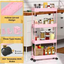 4-Tier Slim Rolling Storage Cart Storage Cart Organizer Rolling Utility Cart, Mobile Shelving Unit Slide Out Storage Shelves For Kitchen Living Room Bathroom Laundry Room & Dressers Outdoor Decor - 粉色 - 查看 7