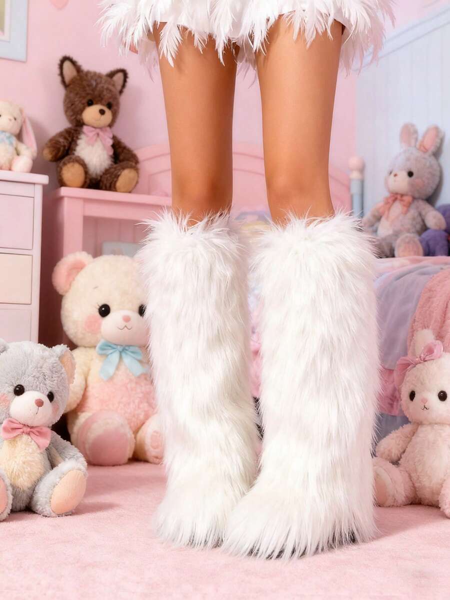 女士冬季过膝雪地靴保暖蓬松内衬防水毛绒保暖内衬时尚雪地靴 - 白色 - 查看 1