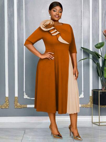 AOMEI Elegant A Line Midi Dresses With 3D Floral And Color Block Pleated Detail Perfect For Weddings Church And Formal Daytime Events