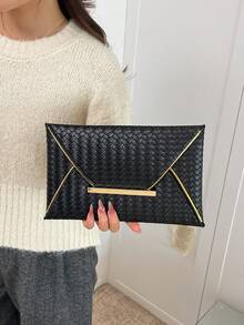 1个PU皮革纯色编织纹理女士日常信封式手拿包，简约优雅，节日礼物 - 黑色 - 查看 1