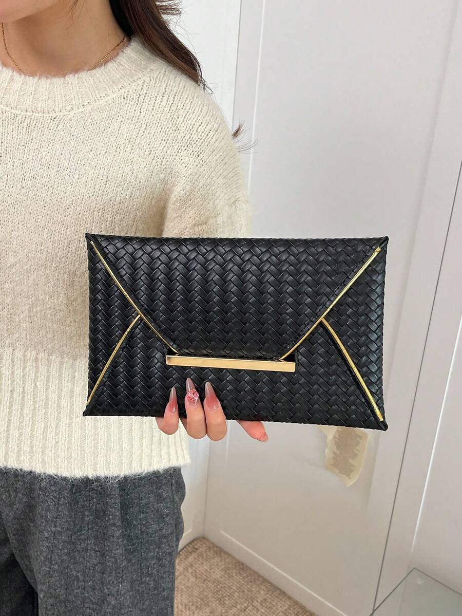 1 pieza Cartera de embrague de mujer de unicolor con textura tejida de piel sintética, minimalista y elegante, regalo para vacaciones - Negro - Ver 1