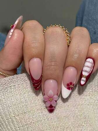 24pcs Elegant Retro Adhesive Nails, Nude Almond Shaped False Nails, 3D Floral Nail Art, Wine Red Wearable Nails, Daily, Commute, Date, Valentine's Day Nail Supplies (Includes Jelly Gel And Nail File)