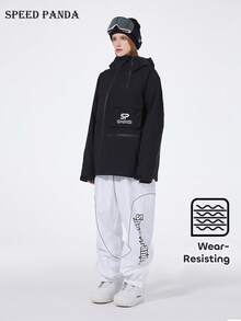 SPEED PANDA 男女通用连帽运动滑雪服，防风、防水、轻便、保暖、透气、耐磨、舒适，适合滑雪和单板滑雪（不含配件），黑色冬季运动装备 - 黑色 - 查看 5