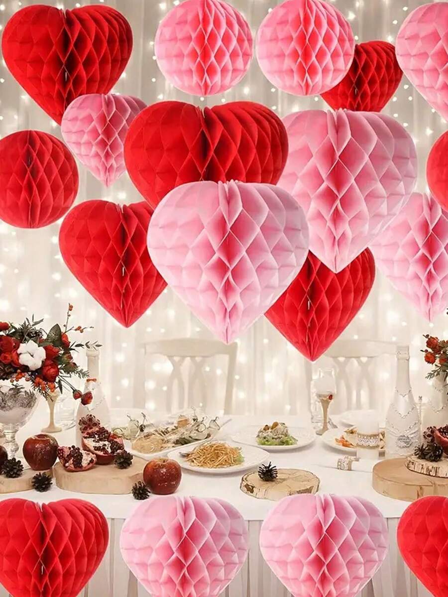 2 Stücke herzförmige Wabenpapierdekoration, Wabenkugeln geeignet für Valentinstag, Fotoprops, Hochzeitsdekoration, Jahrestag, Geburtstagsparty - Verschiedenfarbig - Übersicht 1
