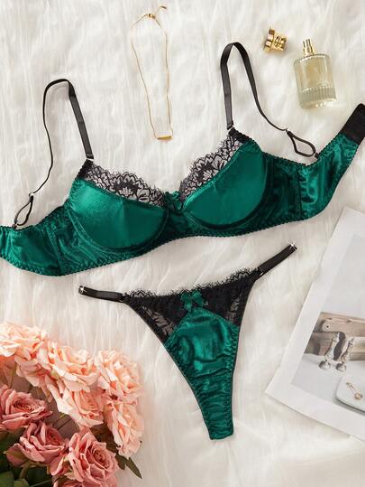 Black Lace & Green Velvet Bow Accent Classic Sexy Lingerie Set