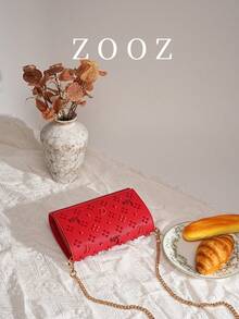 New Solid Color PU Leather Chain Bag, Vintage Rivet Decor Shoulder & Crossbody Bag - Red - Red - View 3