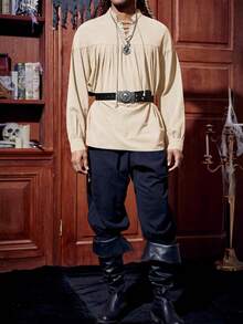 Men's Halloween Costume Blouse Long Sleeve Medieval Pirate Look Steampunk Viking & Renaissance Elements Lace Up Scottish Style - 米色 - 查看 3