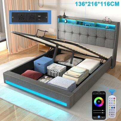 OYAJIA NEW OTTOMAN STORAGE UPHOLSTERED BED FRAME 4FT6(136x216cm) DOUBLE SIZE WITH USB PORT & LED LIGHT(USB Powered),Hydraulic Lift Mechanism,Large Storage Space Headboard