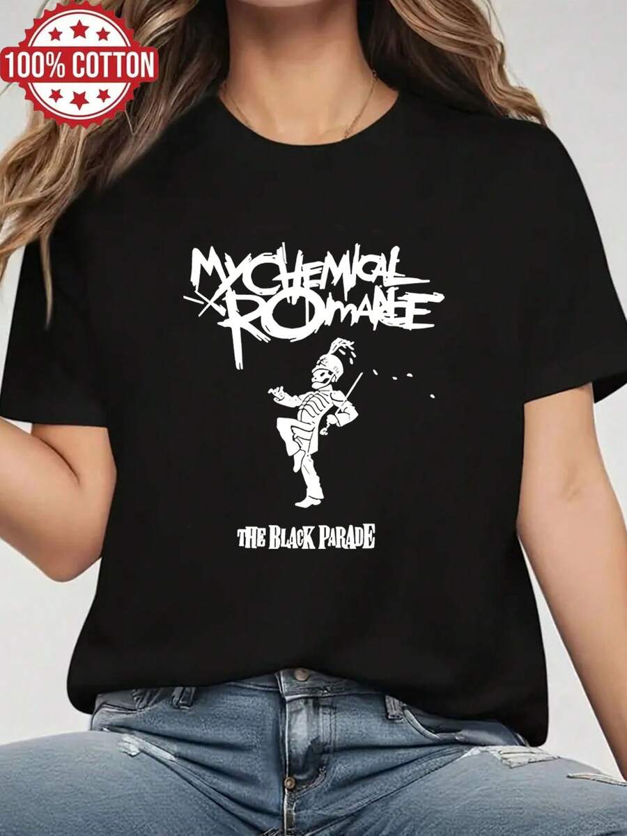1pc 100% Cotton  The Black Parade Band Graphic Print Women's Short Sleeve TShirt, Perfect Birthday Present, Festival Gift - 黑色 - 查看 1