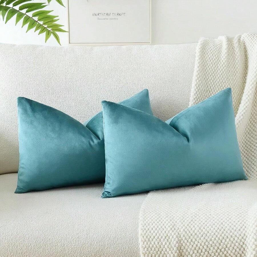 OTOSTAR Velvet Soft Solid Decorative Throw Pillow Covers 12 X 20 Inch Pillow Covers Lumbar Cushion Case Couch Pillowcases For Sofa Bed Home Decor Pack Of 2 Blue - Blue - View 1