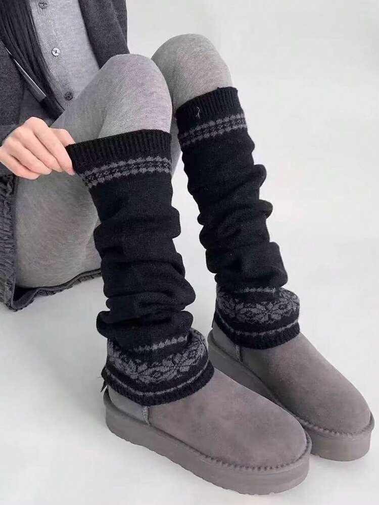 1双韩版费尔岛针织女士多色腿套，加厚雪花图案，显瘦保暖，灰色，舒适 - 彩色 - 查看 8