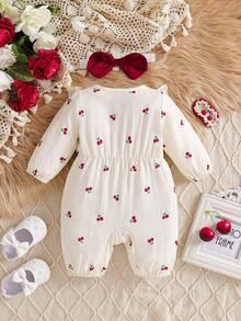 Newborn Baby Girls Cute Cartoon Cherry Woven Round Neck Button Ruffle Contrast Bow Long Sleeve Jumpsuit With Headband