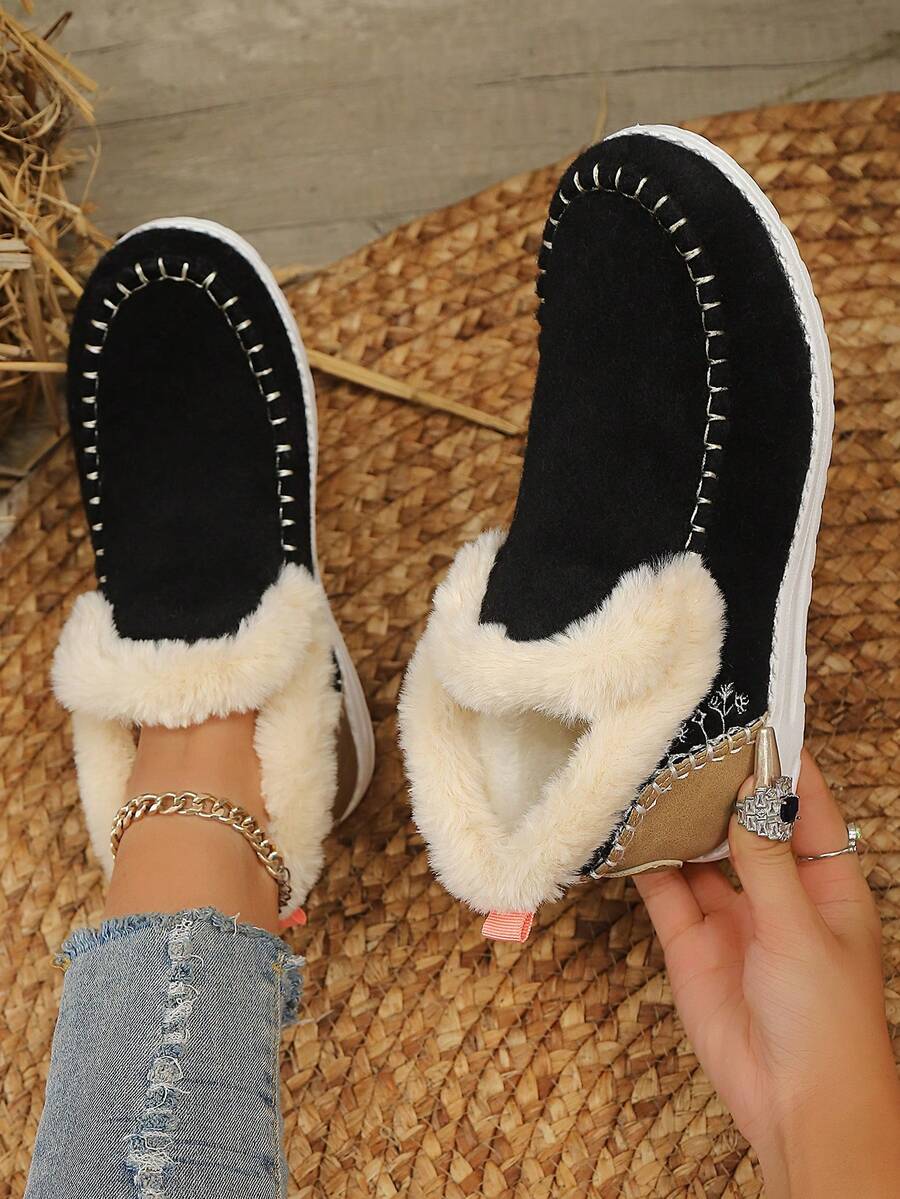 Women's Fluffy Flat Slip-On Sneakers, Comfortable With Warm Fuzzy Lining, Casual Cozy Shoes For Winter - Black - View 1