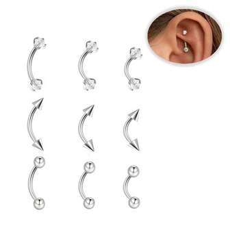 9 PCS 14K Gold Eyebrow Piercing Jewelry, Rook Jewelry 316L Stainless Steel Eyebrow Rings For Women Men Tiny Labret Daith Navel Belly Button Helix Tragus Vertical Labret Lip Jewelry 16G 6mm/8mm/10mm