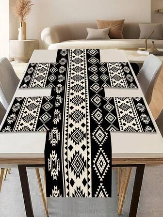 1条几何图案桌旗，4个几何图案餐垫，适用于节日、派对、生日、晚宴、厨房和餐厅餐桌装饰，四季皆宜的家居和客厅装饰