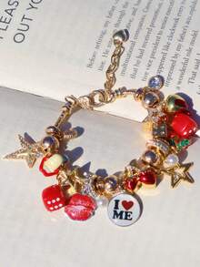 1 pieza Pulsera con dije de dados con estrella y niña, 1 pieza Pulsera gótica oscura con cabeza de demonio de cereza, 1 pieza Pulsera con eslogan de autoamor, 1 pieza Pulsera ajustable con labios rojos Y2K DIY