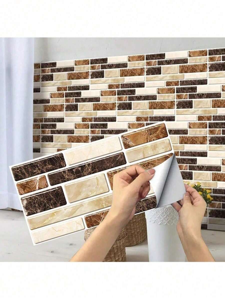 9/11/25pcs Brick Pattern Kitchen Tile Stickers, Kitchen Oil-Proof Stickers, Faux Marble & Crystal Wall Paper For Bathroom Renovation, Self-Adhesive Tile Stickers For Old House Remodeling - Yellow - View 1