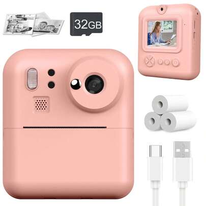 2026新款儿童相机，即时打印，数码相机，支持1080P视频拍摄，便携式旅行相机玩具，适合6-12岁男孩女孩（含32G存储卡），世界杯、情人节、新年、开斋节、生日、派对礼物