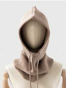 1pc Unisex Wool Blend Knitted Balaclava Hat, Warm & Soft Beanie Cap With Drawstring, Adjustable Neck Warmer For Autumn/Winter