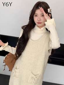 [Y6Y] 女士无袖针织A字中长连衣裙 | 可爱波西米亚风圆领迷你吊带背心连衣裙，带口袋，休闲装 - 杏色 - 查看 4