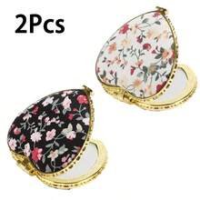 1pc/2pcs Portable Heart-Shaped Folding Makeup Mirror With Cute Fabric Case & Printed Pattern - Double-Sided Cosmetic Mirror, Ideal Gift For Women, Girls, Mothers, Friends & Wives, Compact Mirror, Vanity Mirror For Home, Travel
