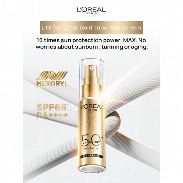L'Oreal UV PERFECT CITY RESIST, el pequeño protector solar en tubo dorado, crema de aislamiento para exteriores, SPF50+, protección solar 16x MÁXIMA, sin miedo a las quemaduras solares, al bronceado y al envejecimiento, apto para pieles sensibles, súper agradable para la piel y suave (30 ml).