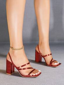 Damen rote minimalistische elegante Plateau-High-Heel Sandalen mit quadratischer Zehenkappe, bequeme vielseitige weiche Lederschuhe für den täglichen Weg zur Arbeit - Rot - Übersicht 3