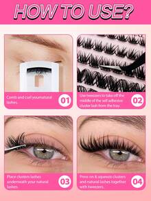 60片C型卷翘自粘单根假睫毛套装，8-16毫米，精致轻盈，DIY睫毛嫁接套装，含镊子和睫毛夹，无需胶水，分段式假睫毛，尖头假睫毛 - 黑色 - 查看 8