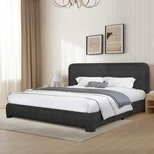 Bed Frame, Upholstered Bed Frame With Headboard, Boucle Soft Bed For Bedroom, Easy Assembly, Twin/ Full/ Queen/ King/ Cal King, White/ Beige/ Black/ Rose Pink/ Light Grey/ Grey/ Green - 黑色 - 查看 11